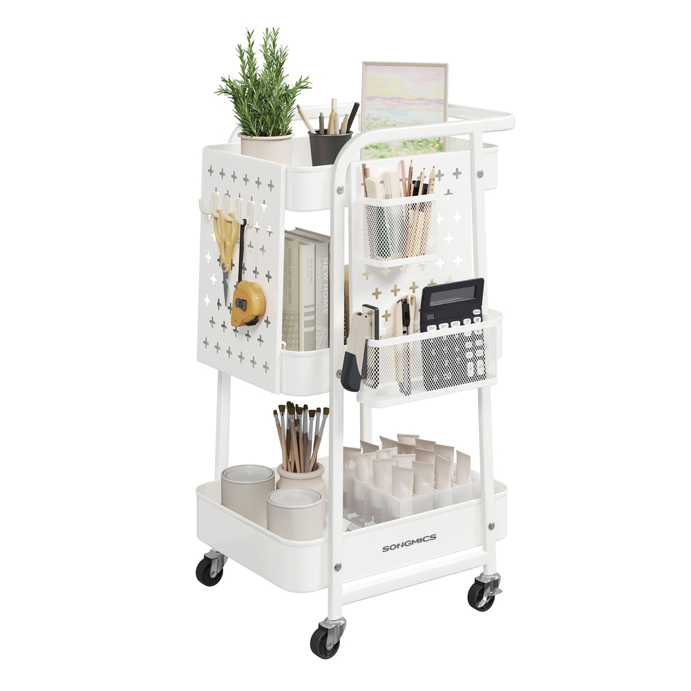 Storage Trolley with 3 Metal Mesh Shelves Cloud White