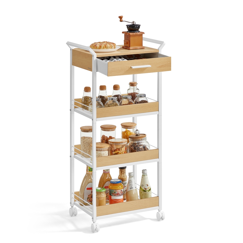 Rolling Storage Trolley, 4-Tier, Golden Oak and Cloud White Rolling Storage Trolley, 4-Tier, Golden Oak and Cloud White