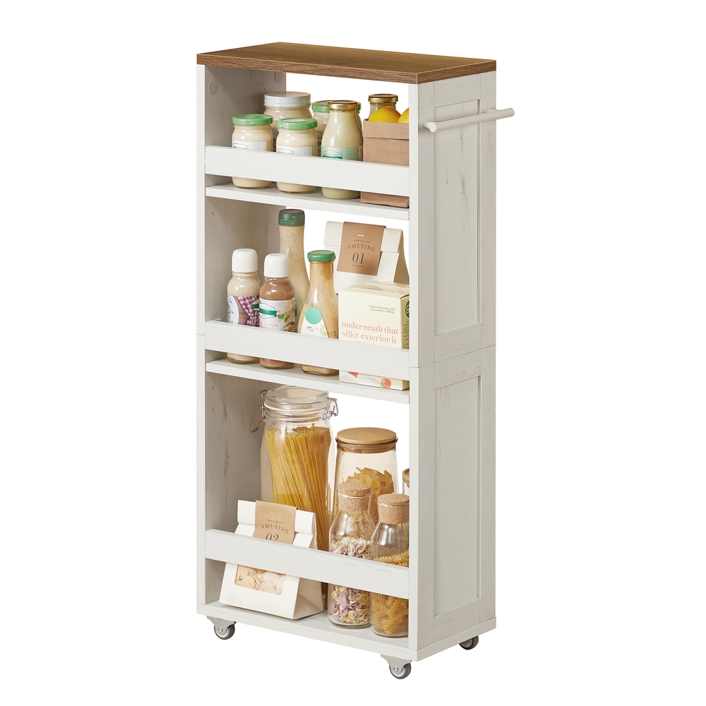4-Tier Slim Kitchen Storage Trolley with Wheels 20 x 43.2 x 86.5 cm, Rustic White and Honey Brown