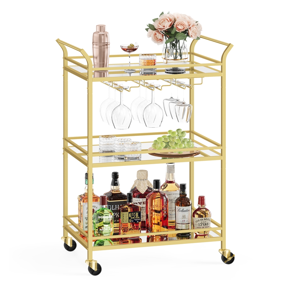 3-Tier Drinks Trolley with Wheels and Handles 38D x 60W cm Gold 3-Tier Drinks Trolley with Wheels and Handles 38D x 60W cm Gold