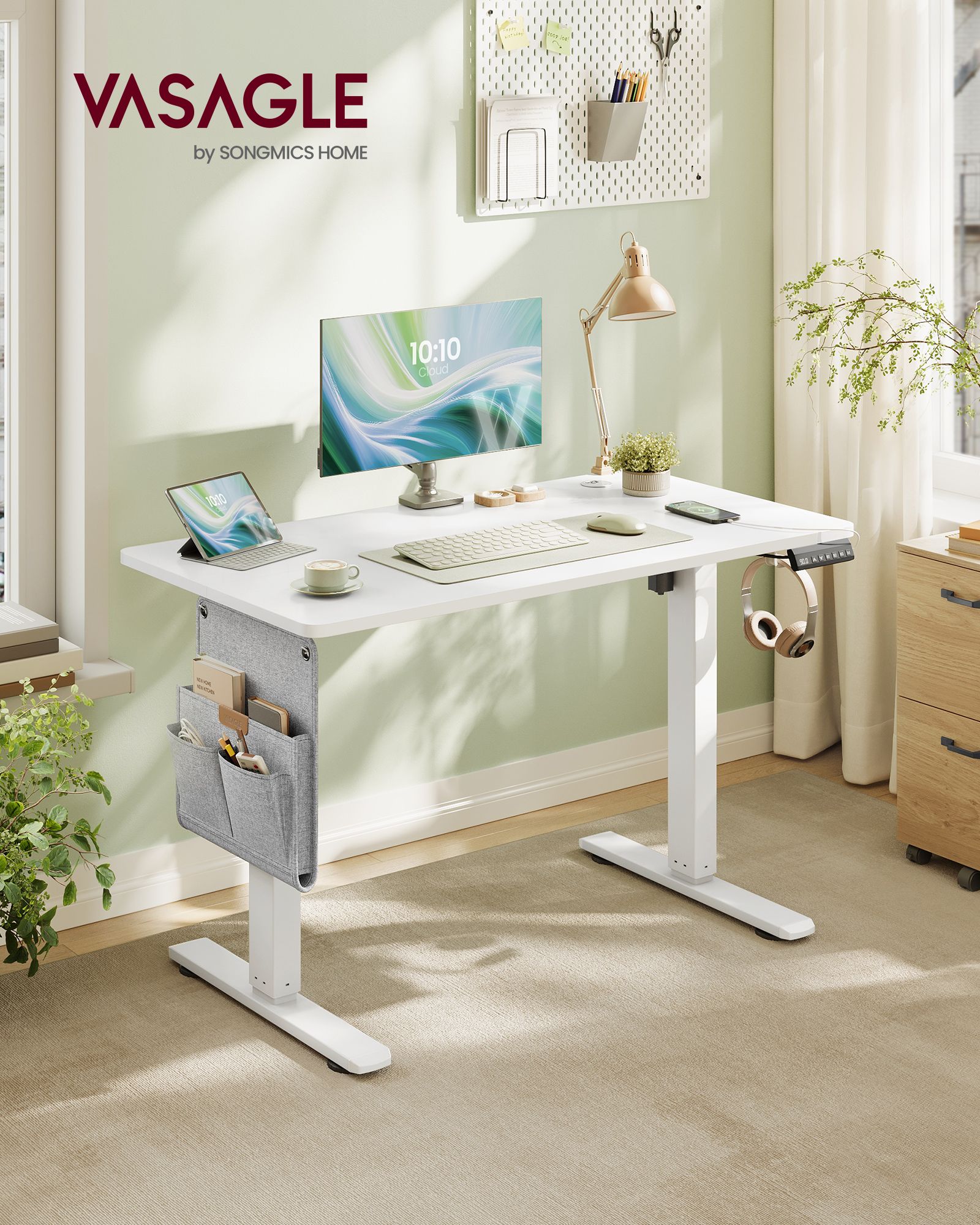 White electric standing desk with adjustable height and memory presets