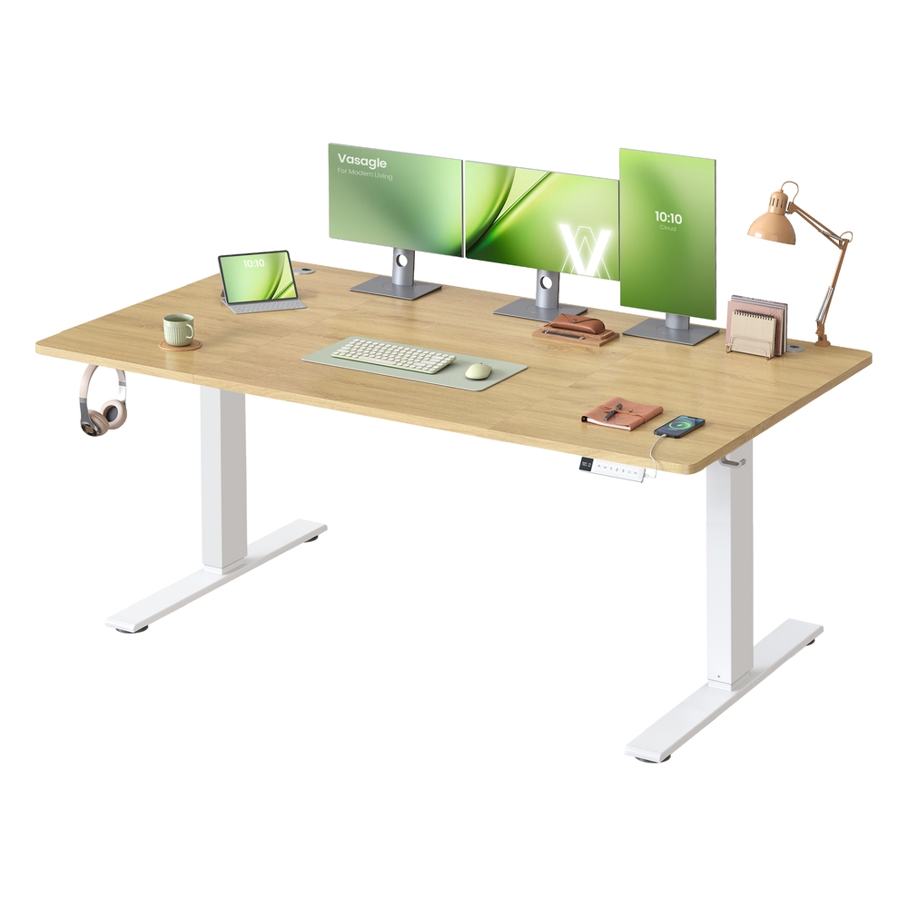 Electric standing desk with USB-C port and cable tray Golden Oak