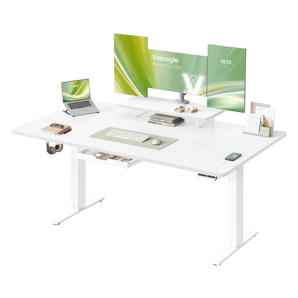 Electric standing desk with adjustable height and built in drawer