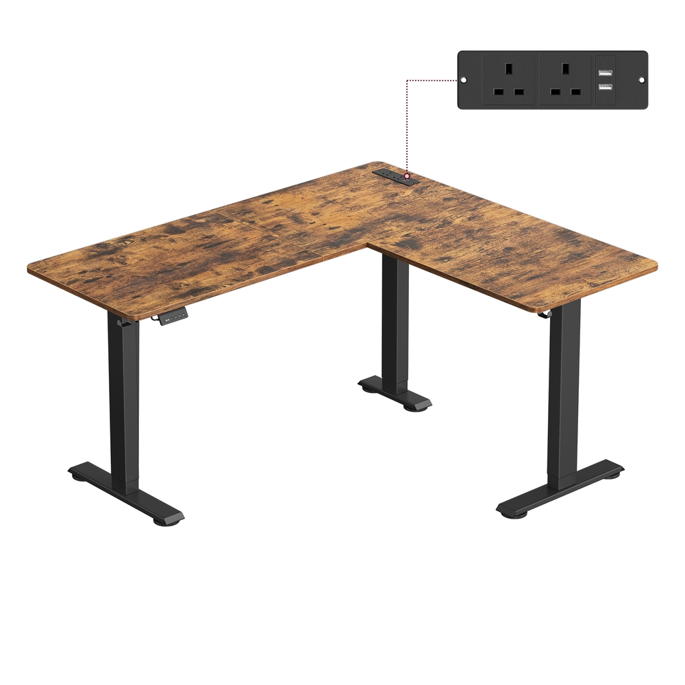 L-Shaped Electric Desk 160 x 140 cm with Charging Station Rustic Brown and Ink Black L-Shaped Electric Desk 160 x 140 cm with Charging Station Rustic Brown and Ink Black