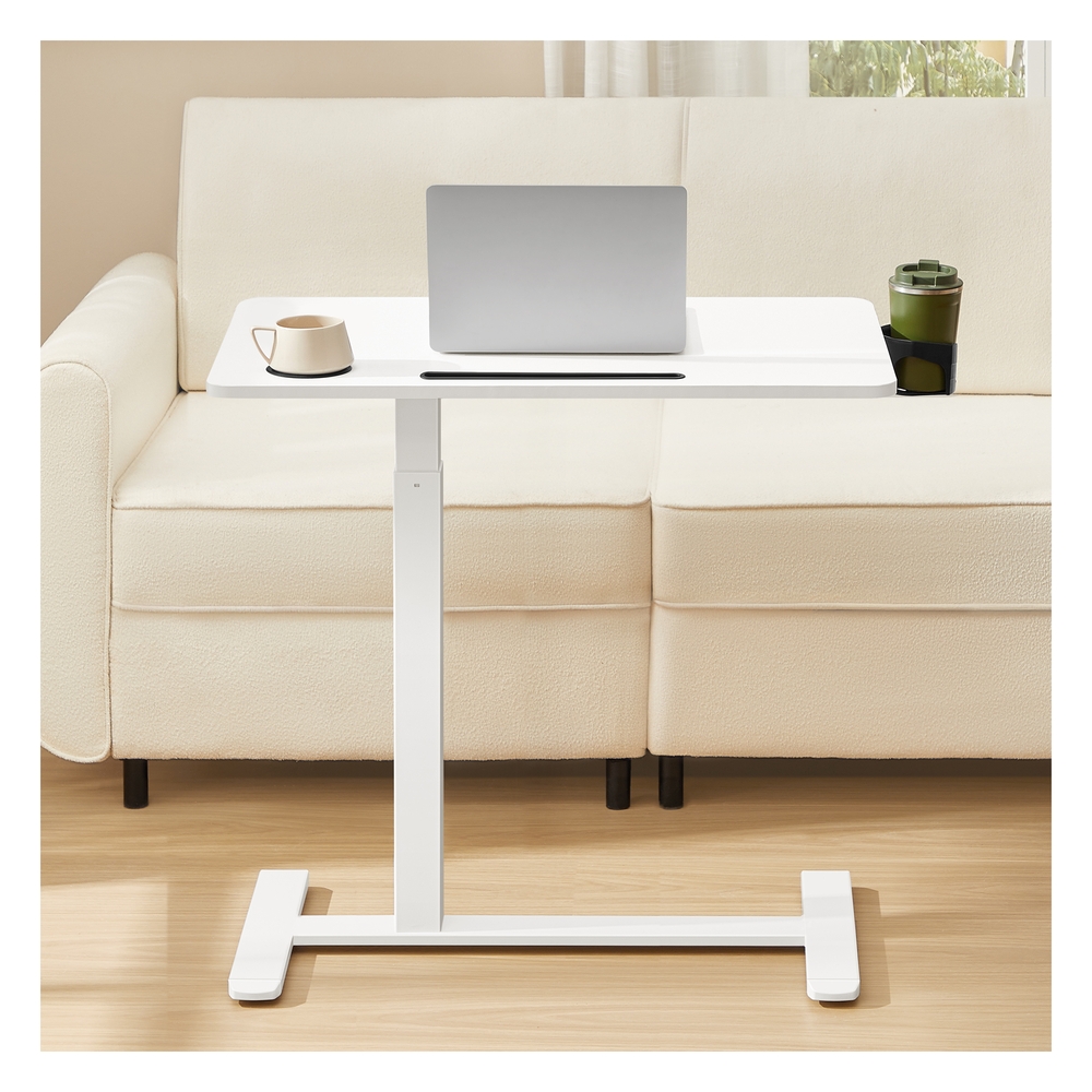 80 x 45 cm Overbed table with adjustable height wheels and slots for devices Cloud White