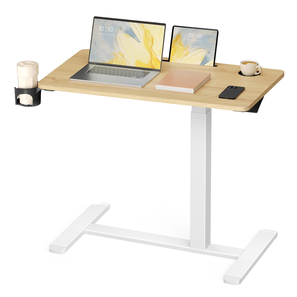 80 x 45 cm Overbed table with adjustable height wheels and slots for devices Golden Oak