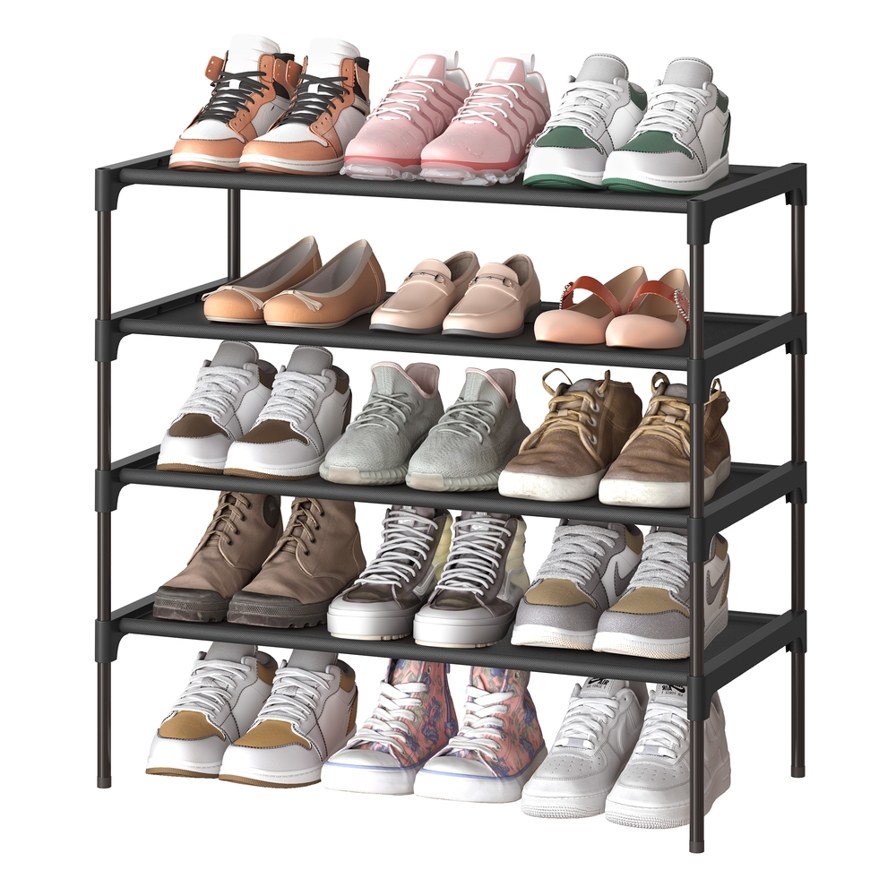 4-tier shoe rack with fabric shelves and metal frame