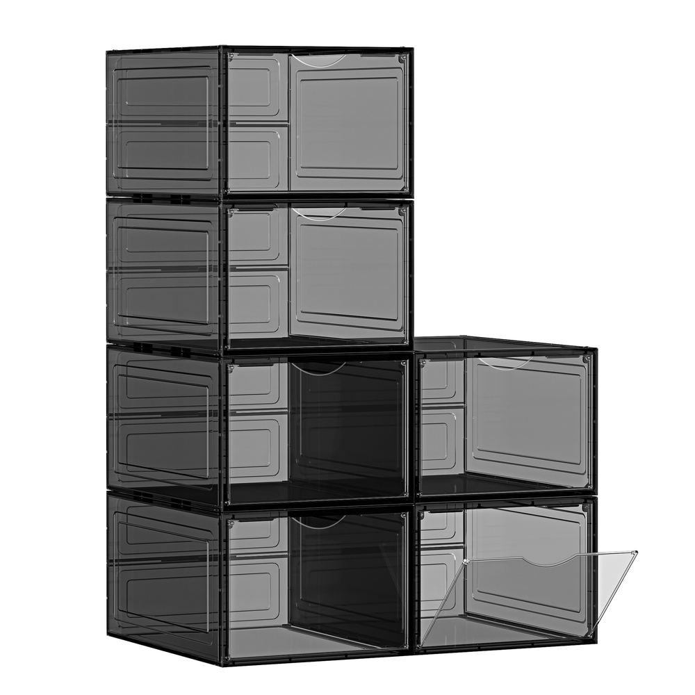 Pack of 6 Stackable Plastic Shoe Boxes with Doors Ink Black