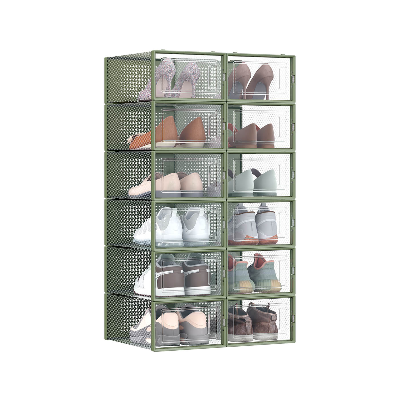 12-Pack Stackable Plastic Shoe Boxes Transparent and Laurel Green