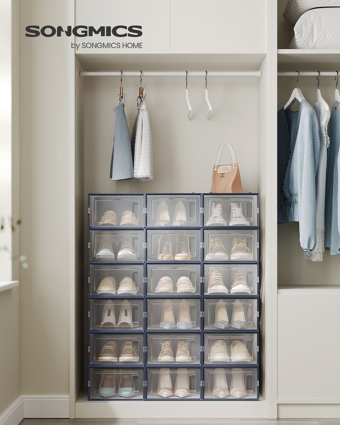 18-Pack Stackable Plastic Shoe Boxes Transparent and Charcoal Blue