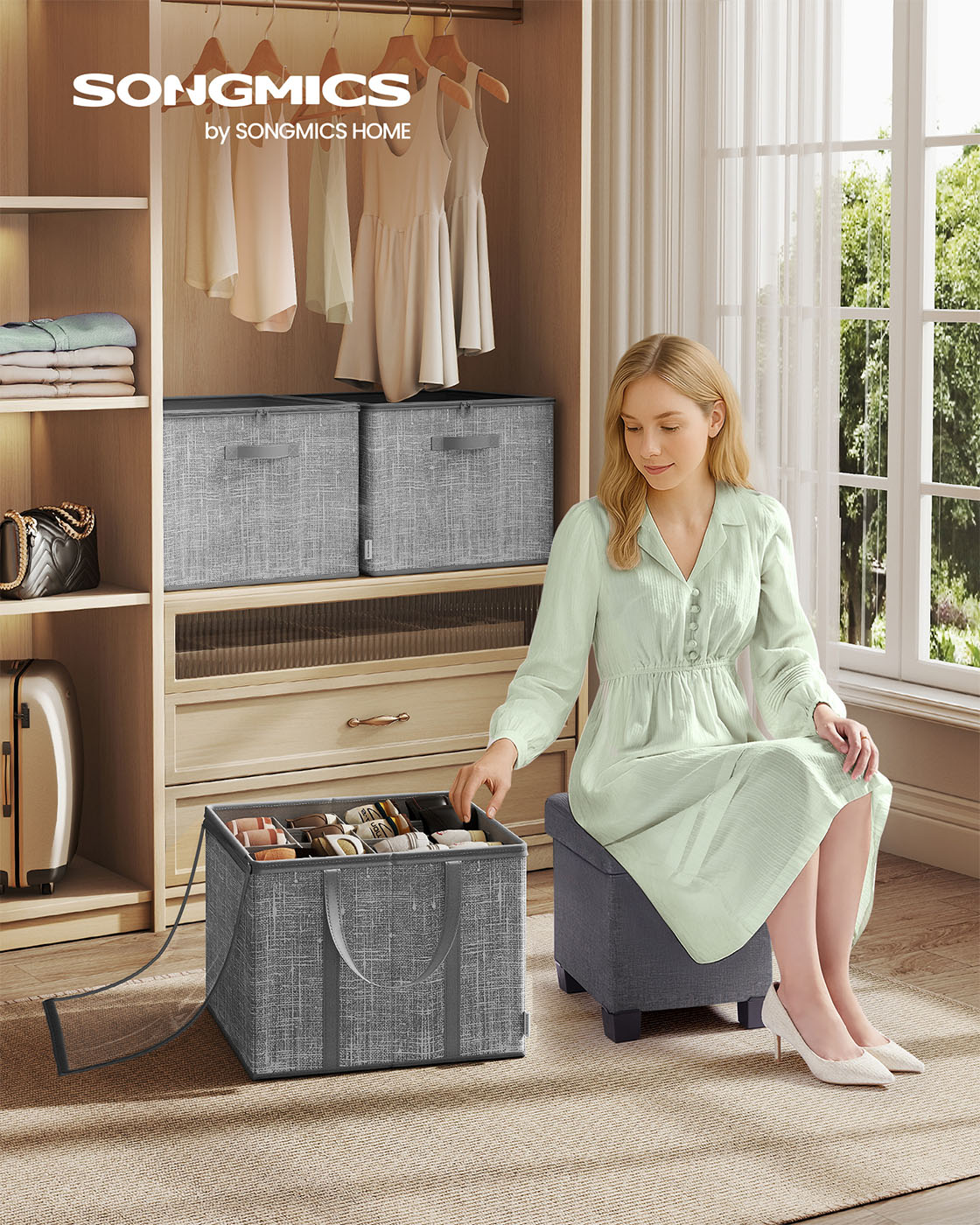Fabric shoe organiser bin with handles and clear cover