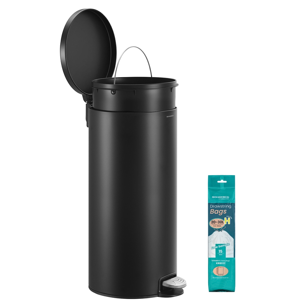 30L Round Trash Bin, 15 Trash Bags Metal Pedal, Black