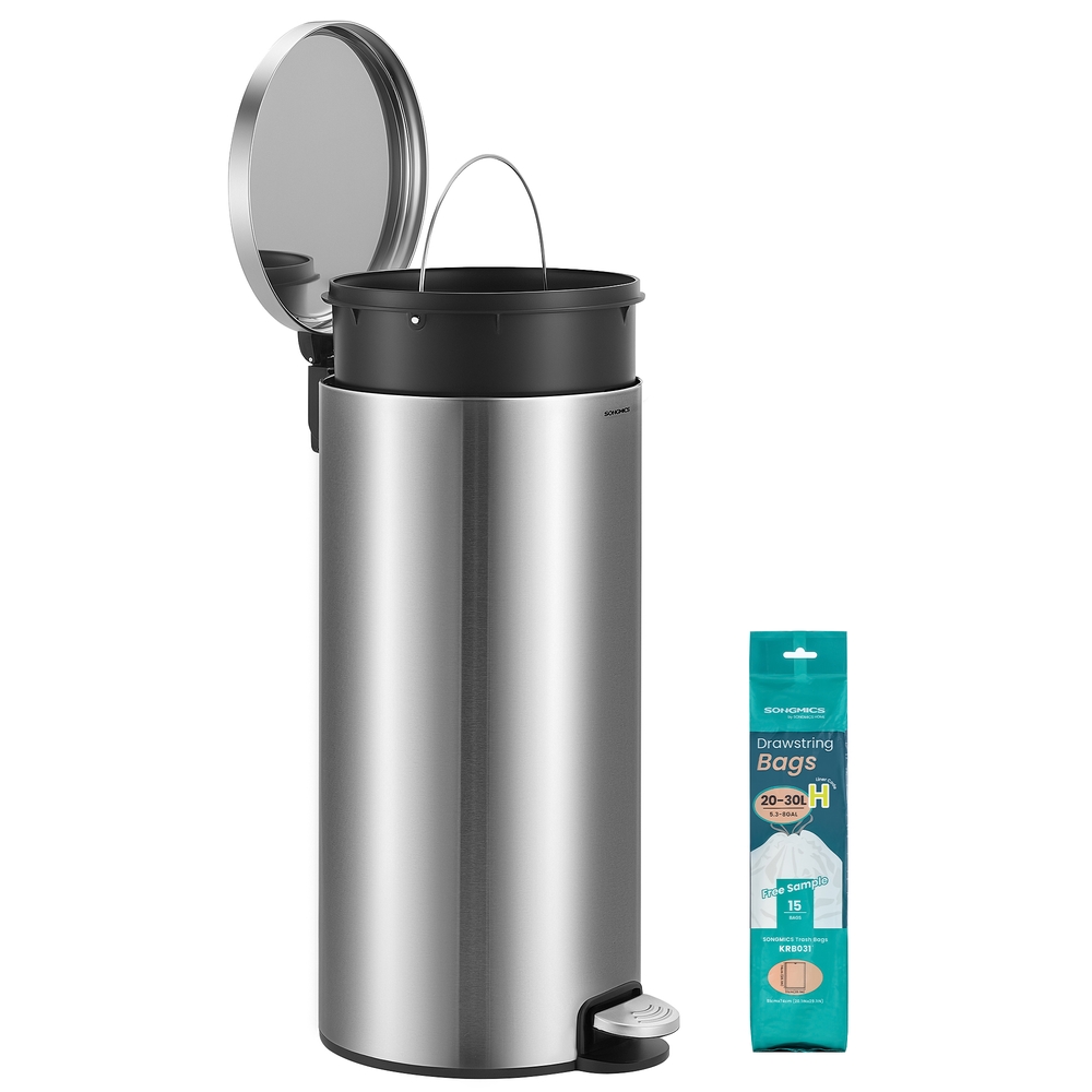 30L Round Trash Bin, 15 Trash Bags, Metal Pedal, Silver