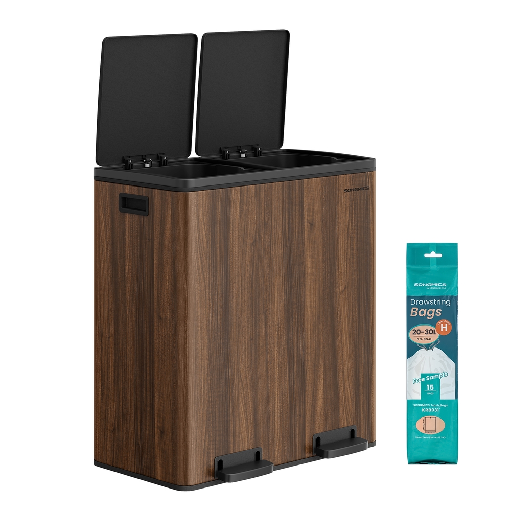 Dual Rubbish Bin 2 x 30 L Recycling Bin with 15 Rubbish Bags Dark Walnut