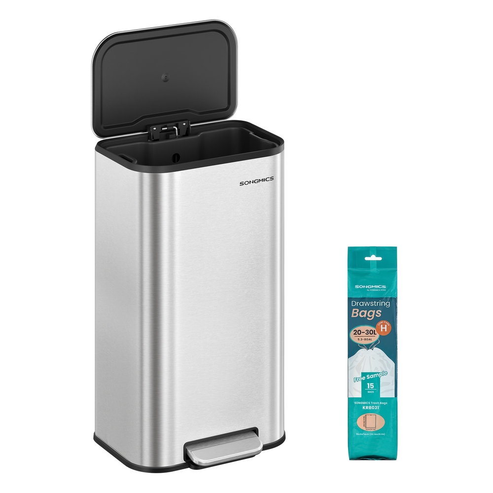 Kitchen Bin 30 L Soft-Close Lid Wide Non-Slip Pedal Metallic Silver