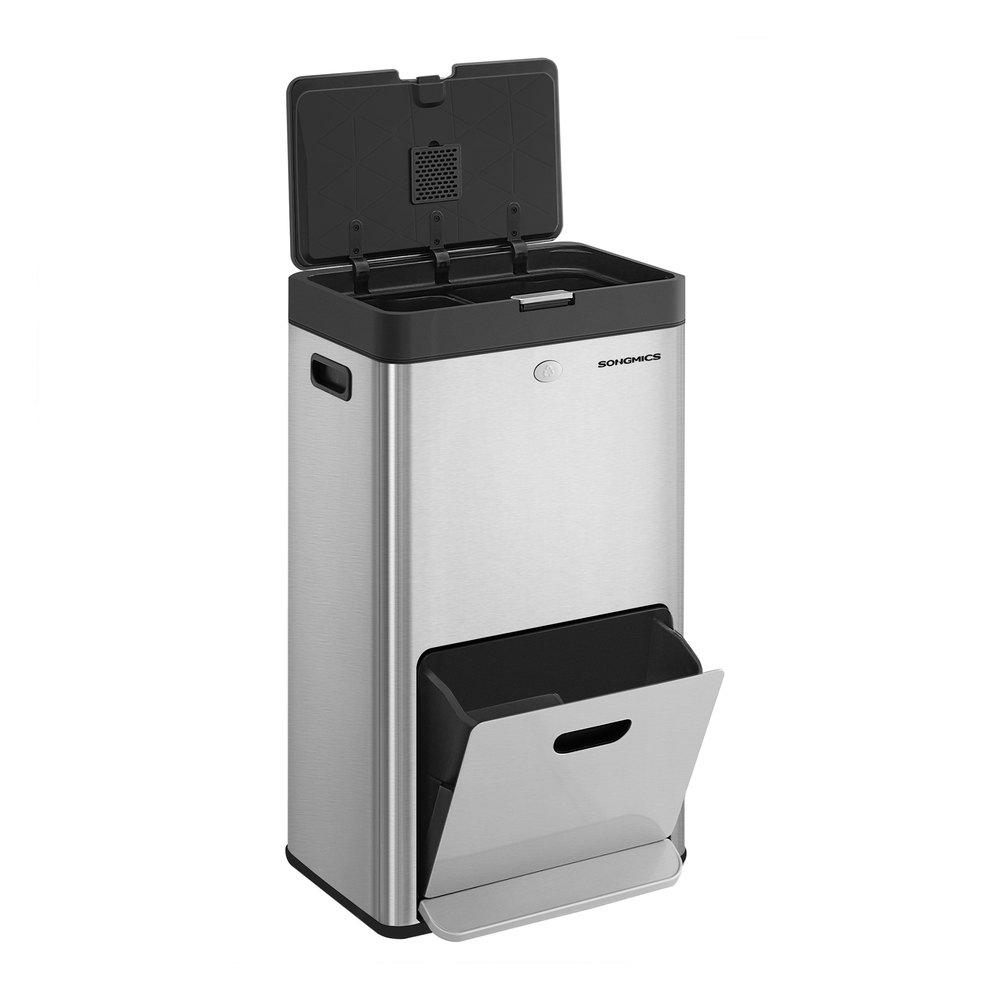 3-Compartment Kitchen Bin with Carbon Filter Silver