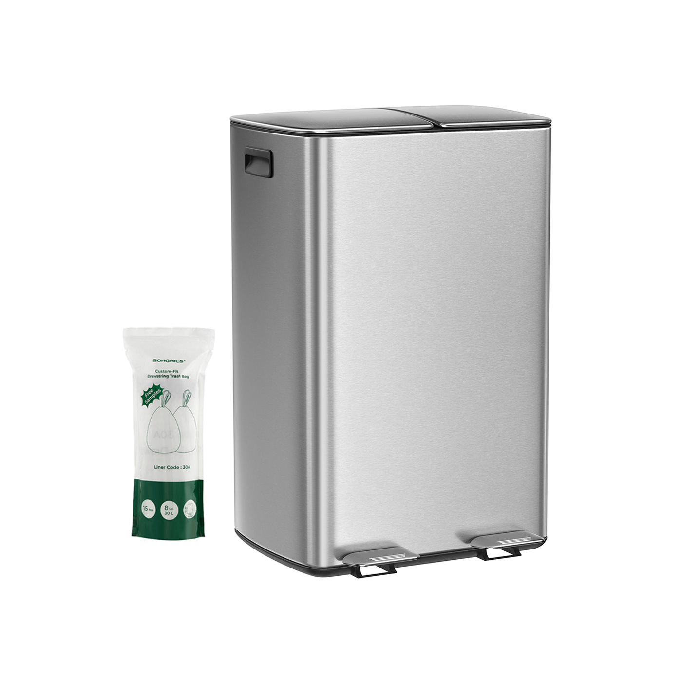 2 x 30L Steel Kitchen Bin for Recycling and Waste with Pedal  ‎Silver