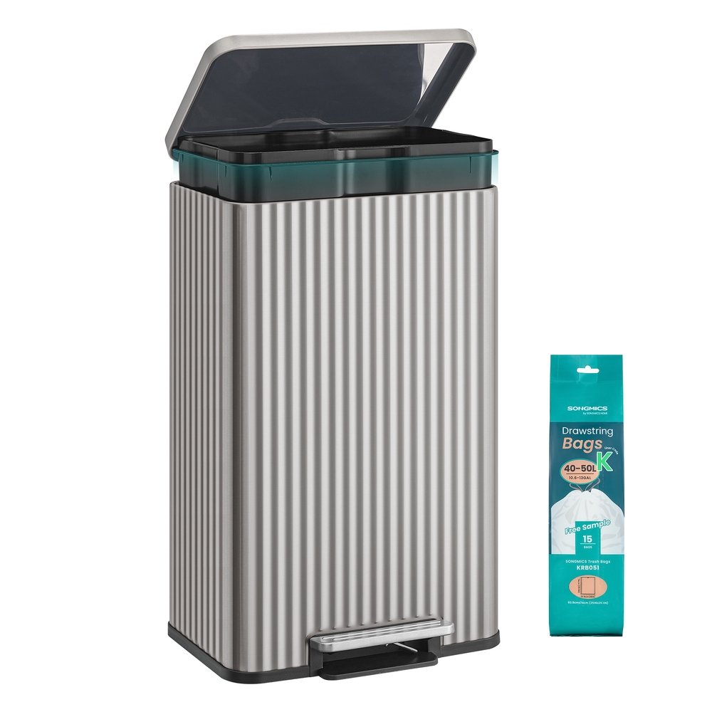 Waste Bin with Pedal, Soft-Close Lid and Removable Inner Bucket Metallic Silver