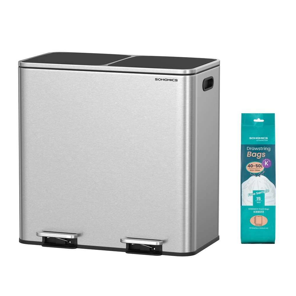 Dual compartment recycling bin with pedals and soft close lids