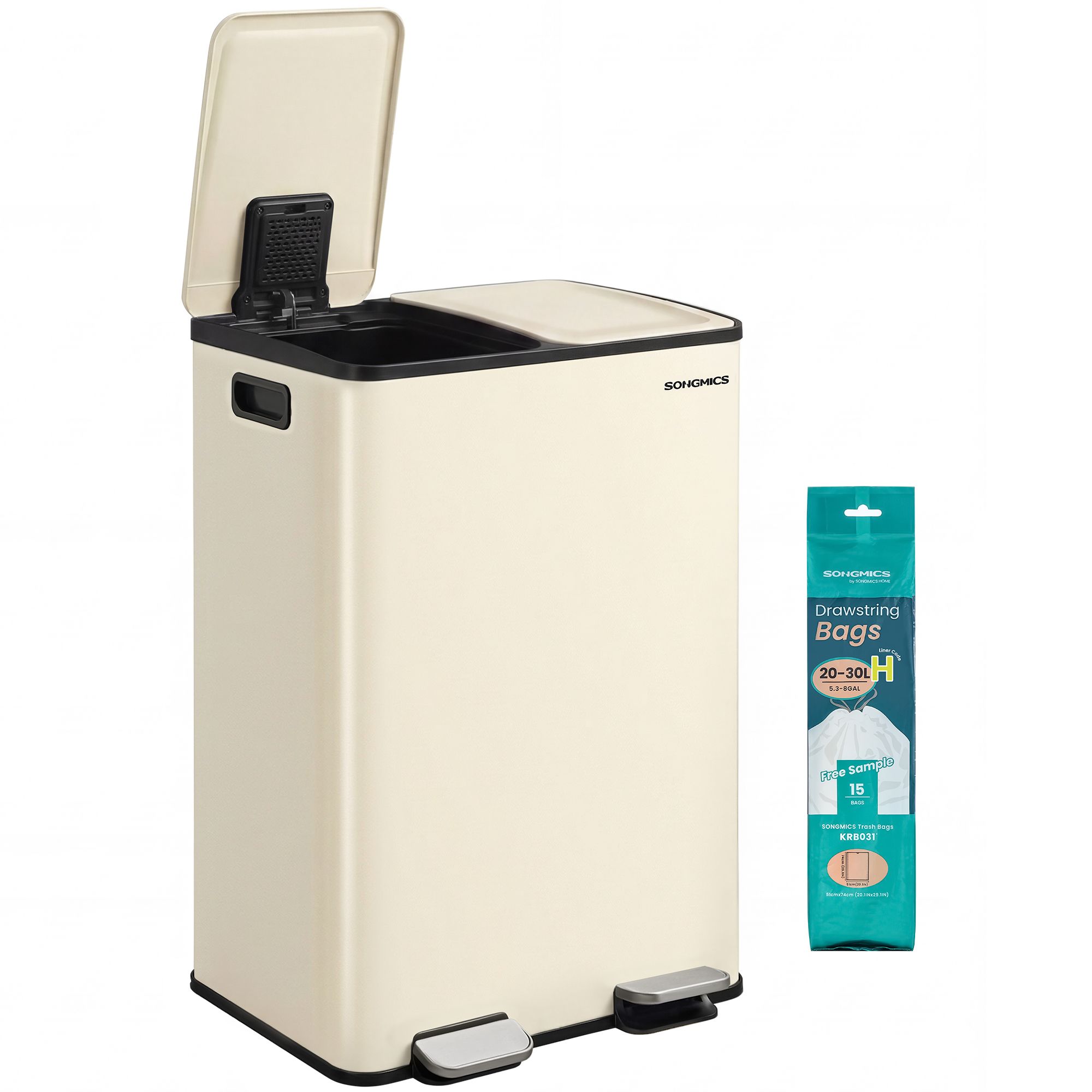 60L Dual Compartment Pedal Bin with Soft-Close Lid, 2 x 30L, Cream Beige