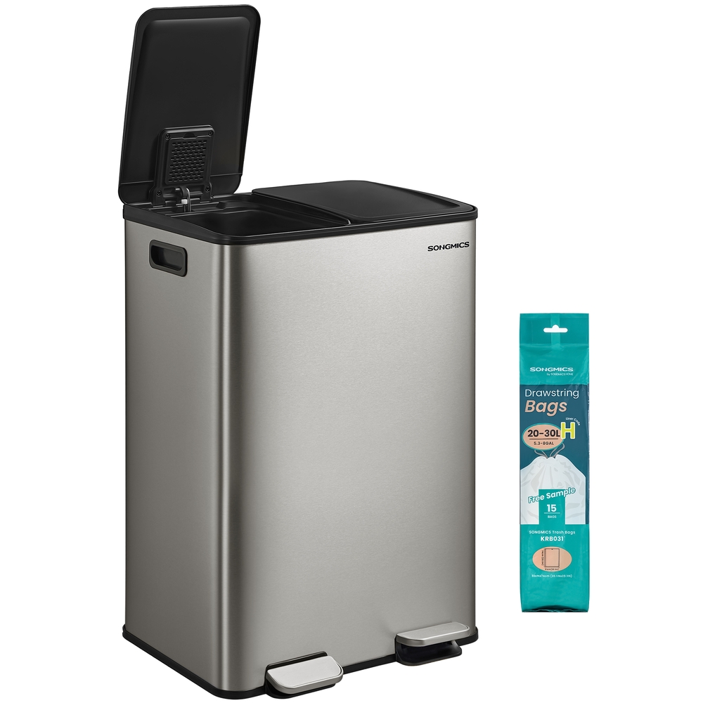 60L Dual Compartment Pedal Bin with Soft-Close Lid, 2 x 30L, Silver