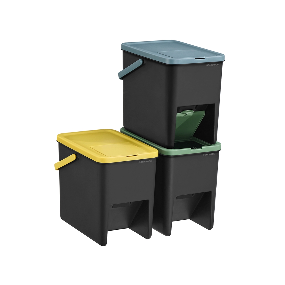 Set of 3 Stackable Trash Bins,  Storage Bins, Yellow, Blue, and Green