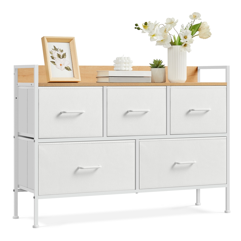 Chest of Drawers, 5 Fabric Drawers, White and Oak