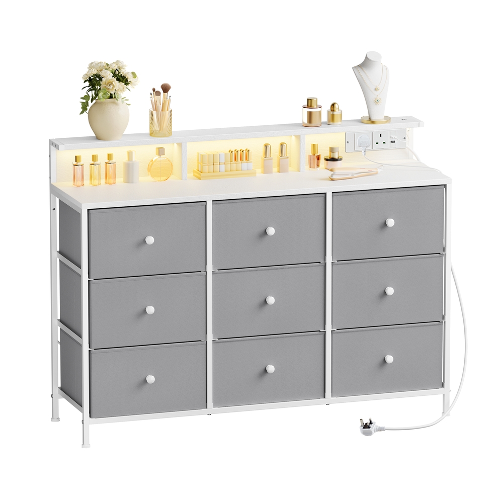Storage Unit with 9 Fabric Drawers and LED Lights, Charging Station