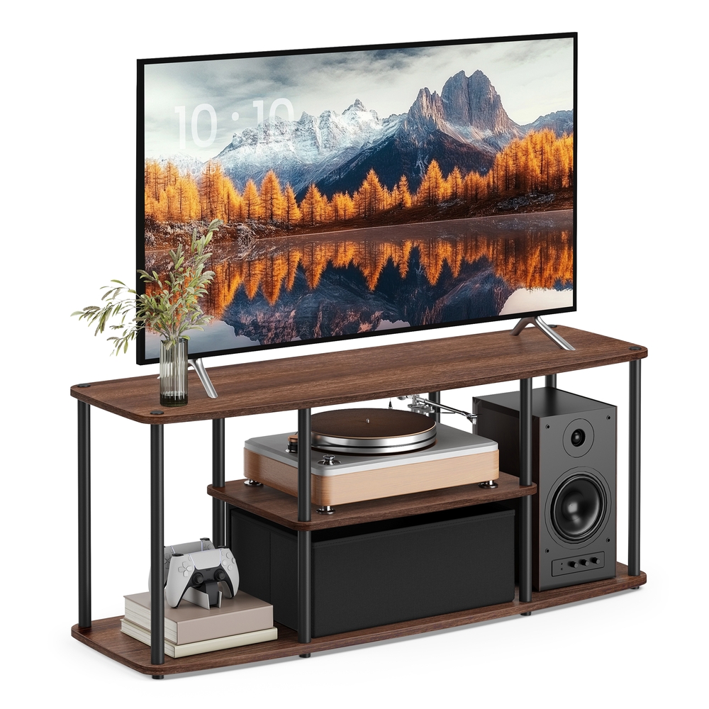 Superfast Toolless Assembly TV Stand Natural Walnut and Ink Black