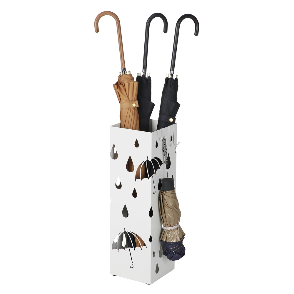 Metal Umbrella Stand Square Umbrella Holder with Drip Tray and 4 Hooks White