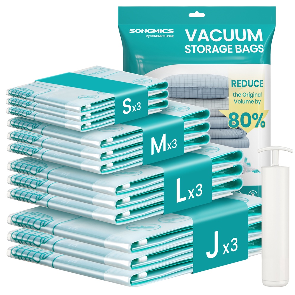 Vacuum Storage Bags 12 Pack with Hand Pump 3S/3M/3L/3J Transparent