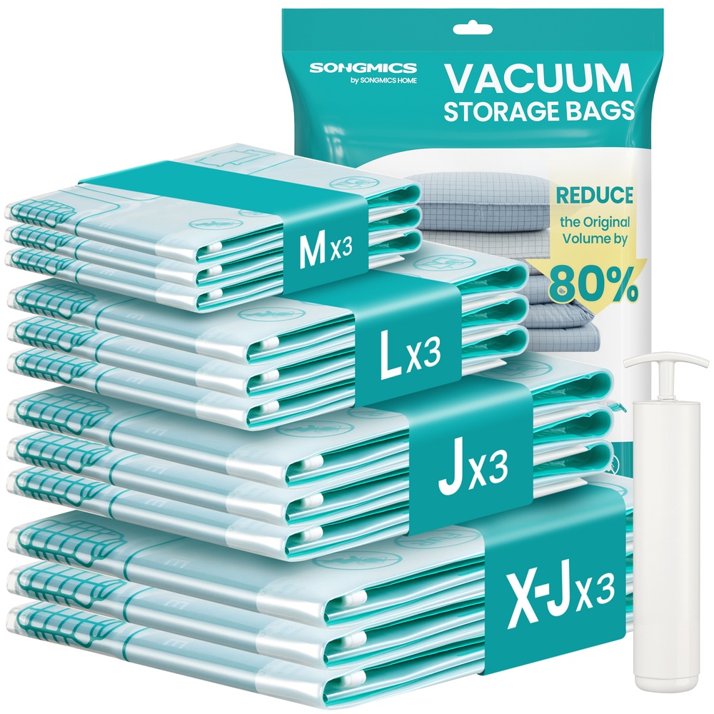 Vacuum Storage Bags 12 Pack with Hand Pump 3M/3L/3J/3X-J Transparent
