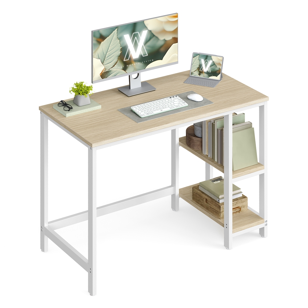 100 cm Wide Computer Desk with 2 Shelves Natural Beige and Pearl White