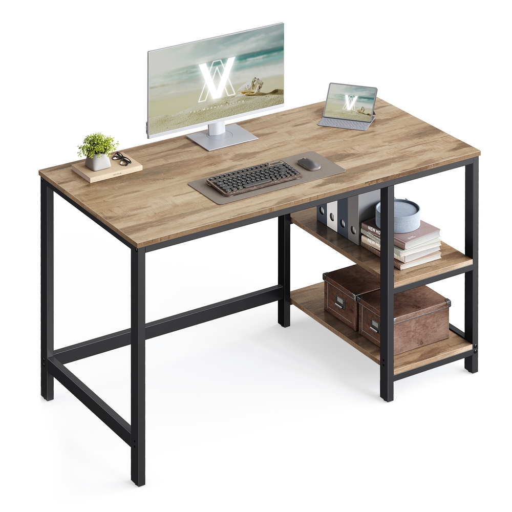 Writing Desk with 2 Shelves on Left or Right Camel Brown and Ink Black