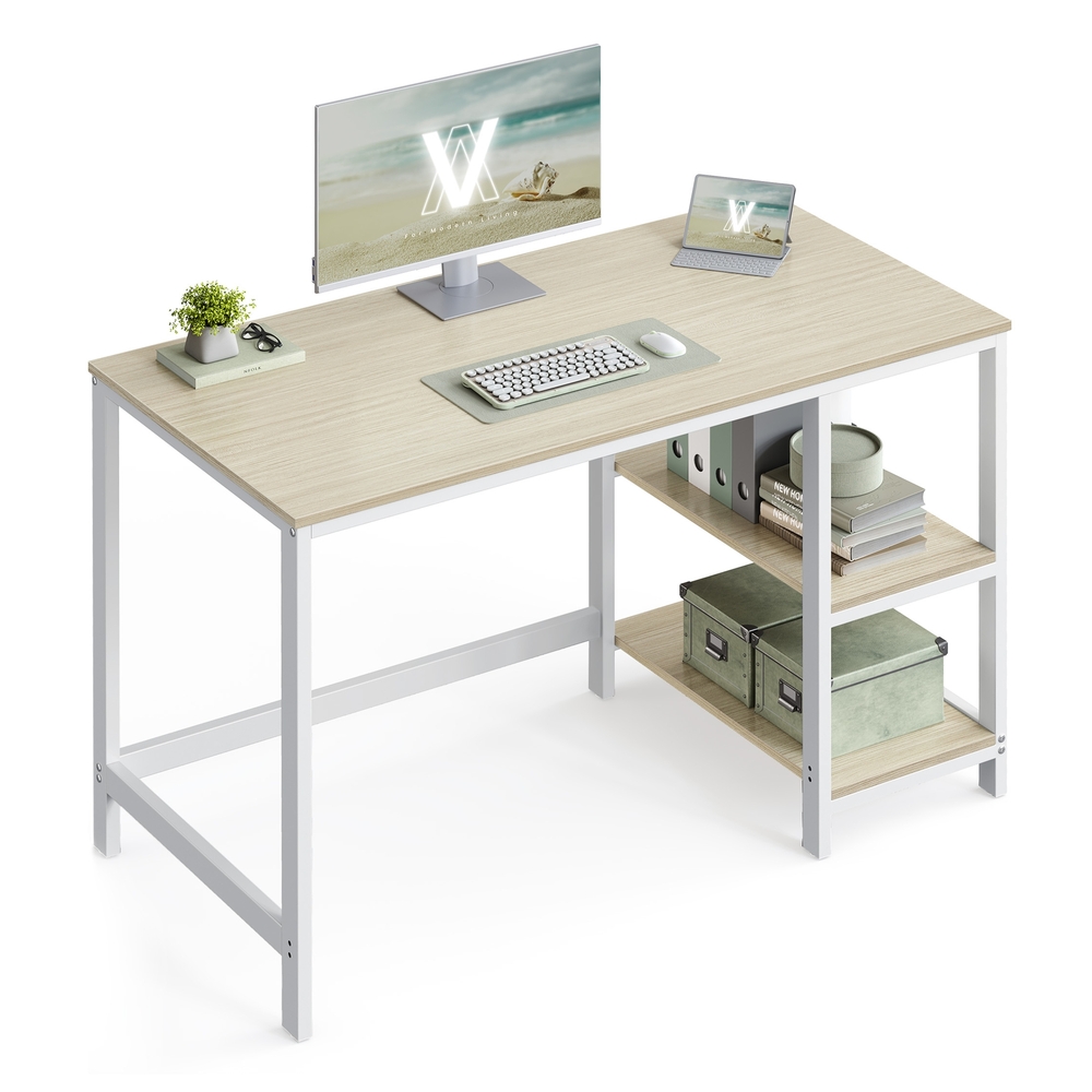 Writing Desk with 2 Shelves on Left or Right Natural Beige and Pearl White