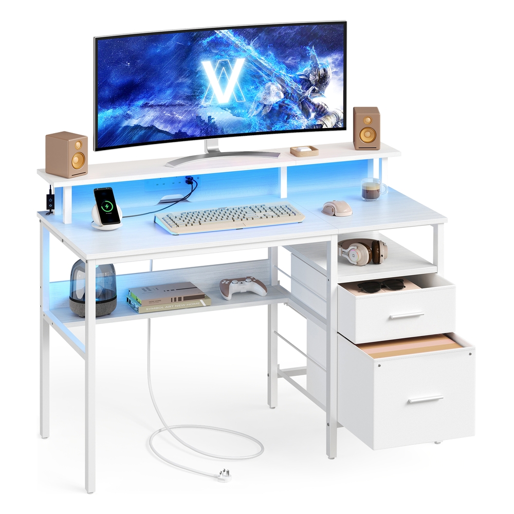 Computer Desk with Fabric Drawers Monitor Stand LED Lighting Maple White