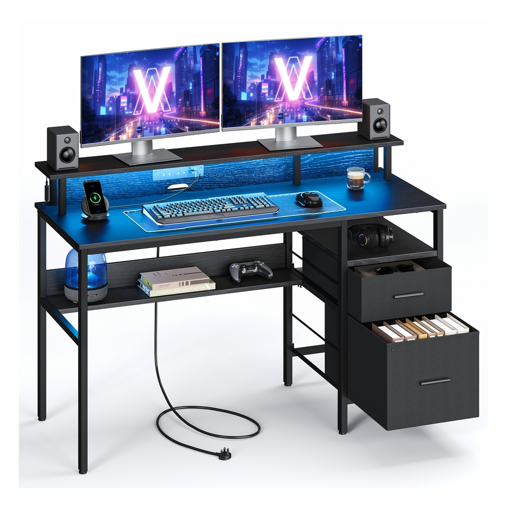 135 cm Wide Gaming Desk with LED Lights Ebony Black