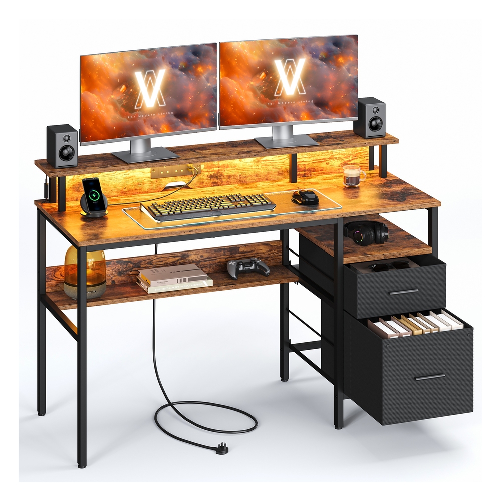 135 cm Wide Gaming Desk with LED Lights Rustic Brown