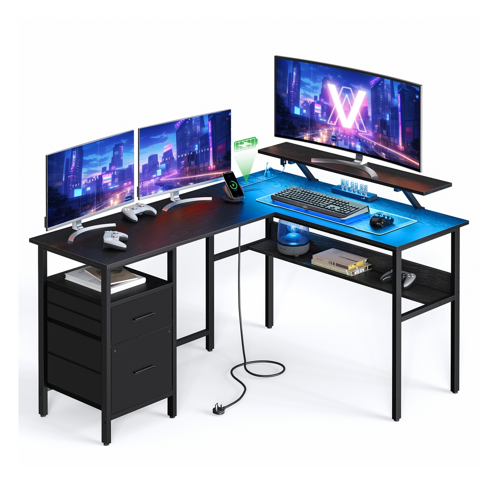 L-Shaped Computer Desk with Power Outlets Ebony Black