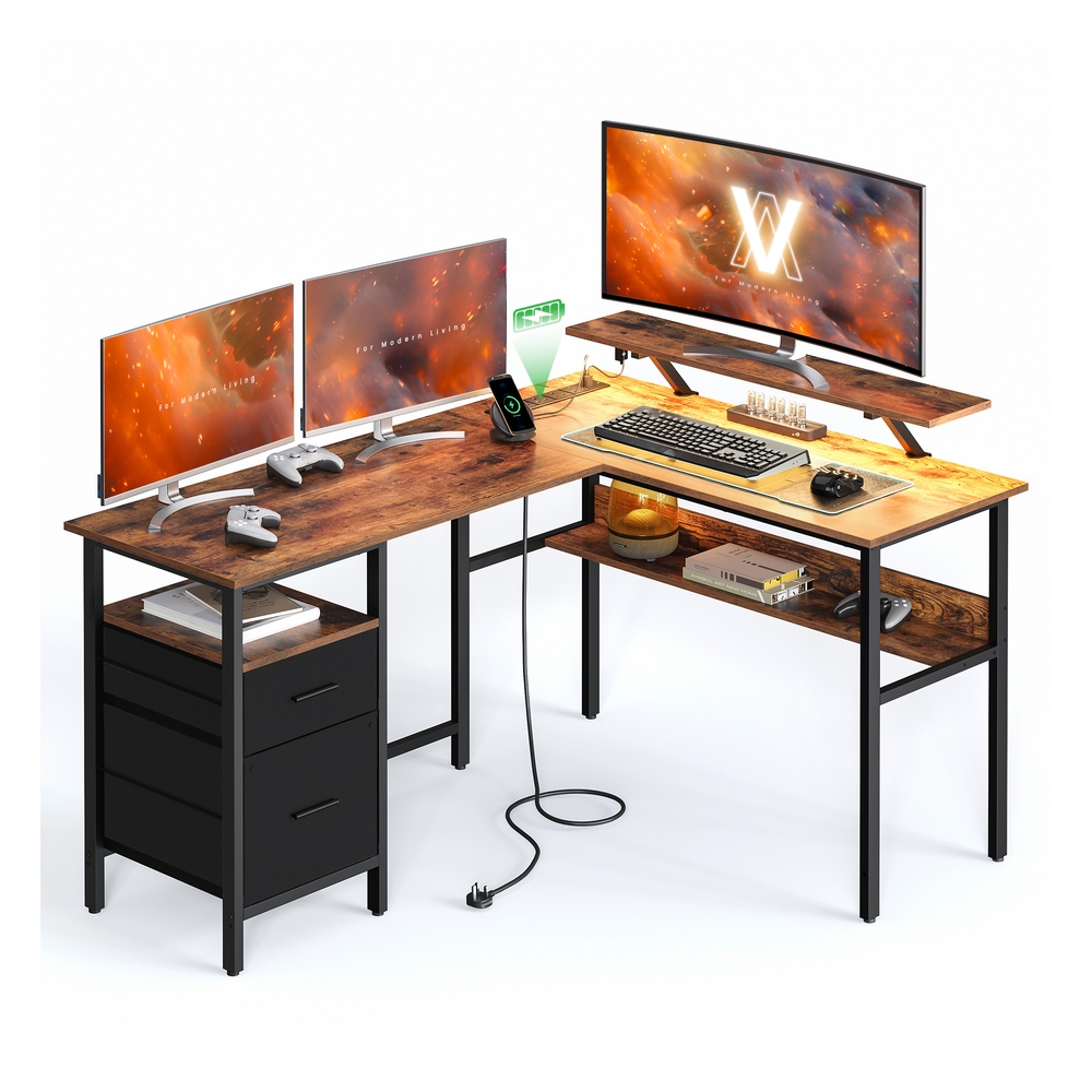 L-Shaped Computer Desk with Power Outlets Rustic Brown