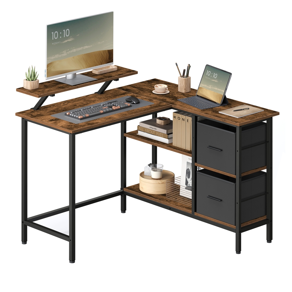 L-Shaped Desk with 2 Drawers 115 cm Wide Rustic Brown