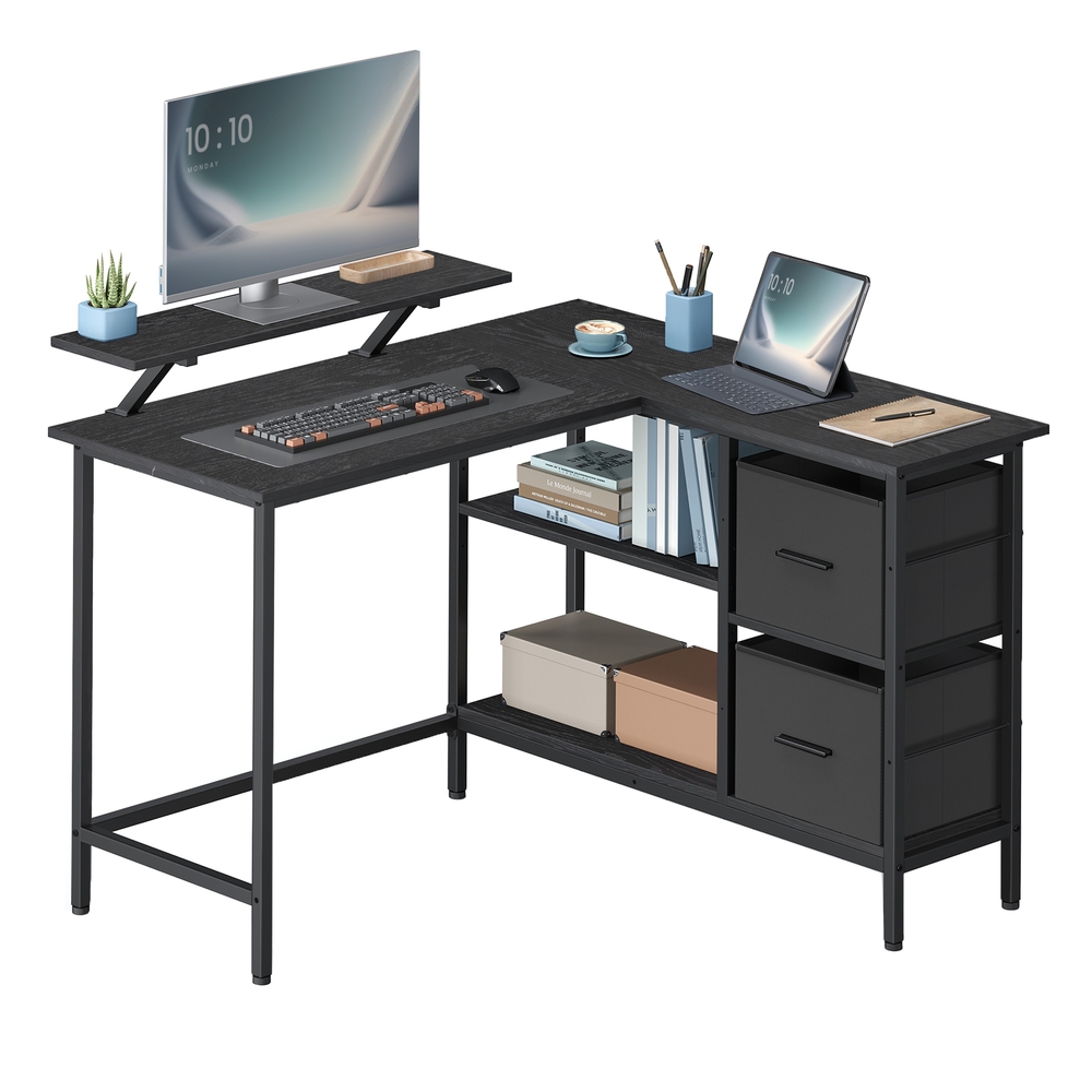 L-Shaped Desk with 2 Drawers 115 cm Wide Ebony Black