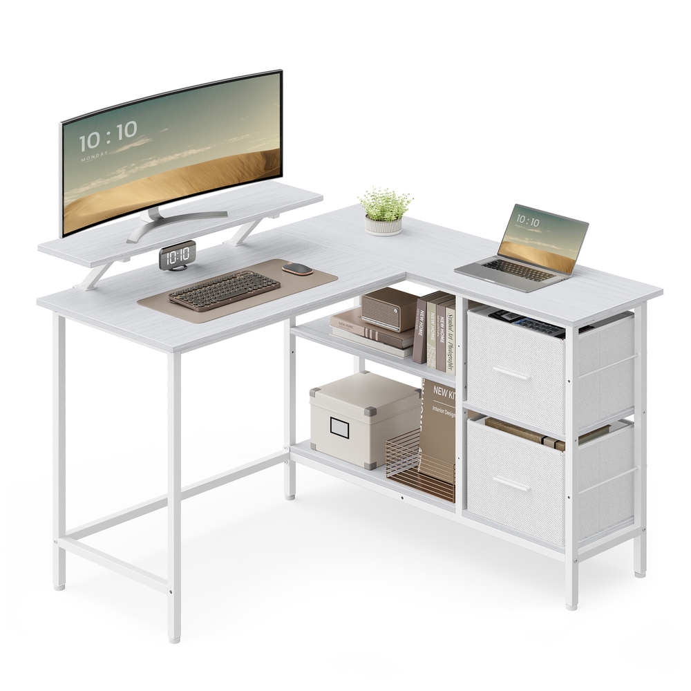 L-Shaped Desk with 2 Spacious Drawers Maple White