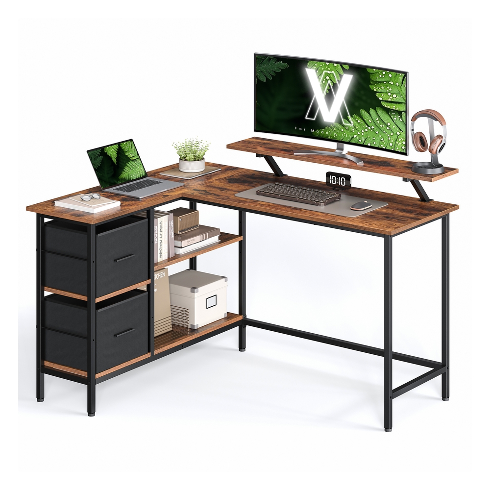 L-Shaped Desk with 2 Drawers 135 cm Wide Rustic Brown