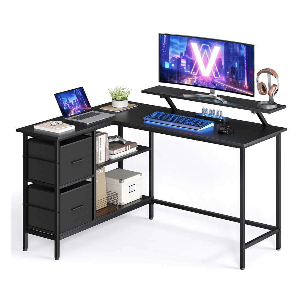L-Shaped Desk with 2 Drawers 135 cm Wide Ebony Black