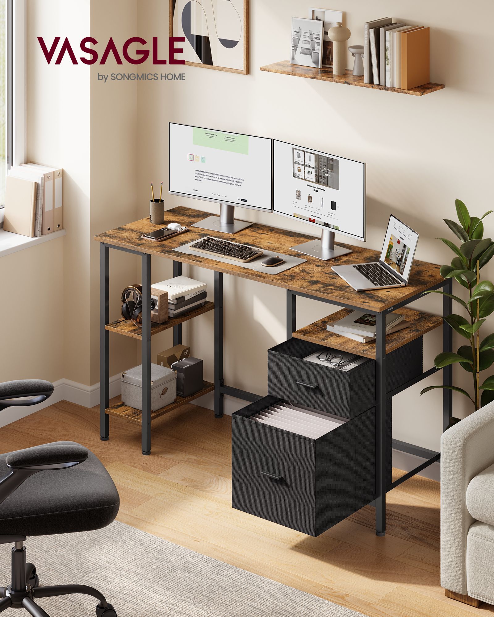 Computer desk with 3 shelves and 2 drawers rustic brown and matte black