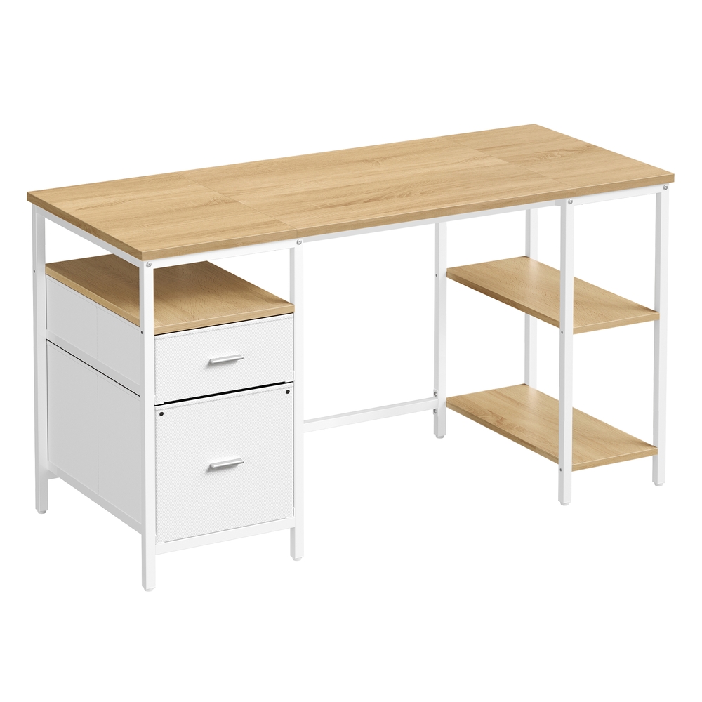 Computer Desk with 3 Shelves 2 Drawers 60 x 140 x 76 cm Natural Oak and Pearl White