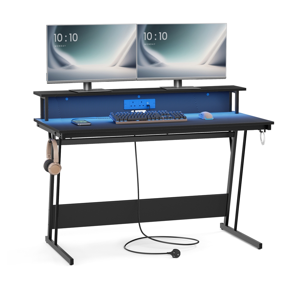 Gaming Desk with LED Lights and Built-In Power Outlets 55 x 135 x 76 cm