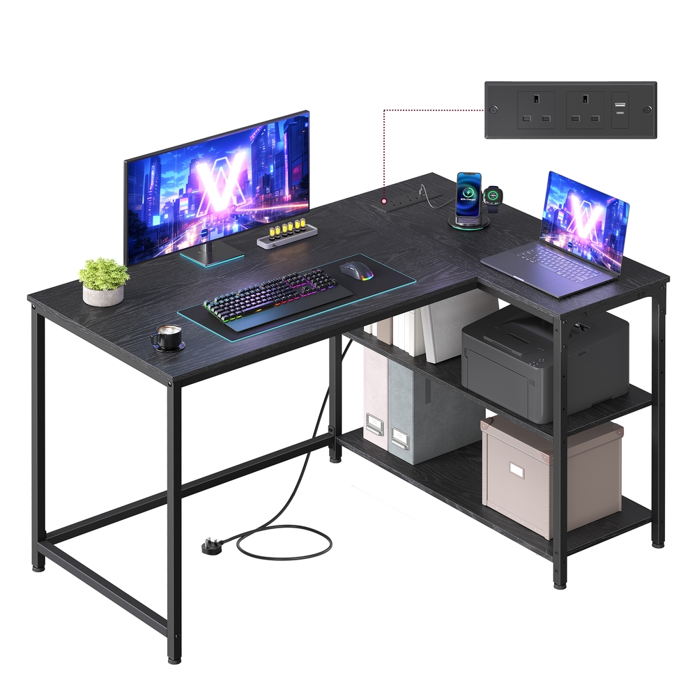 L Shaped Corner Desk 110 x 80 cm with Power Outlets 2 USB Ports Ebony Black