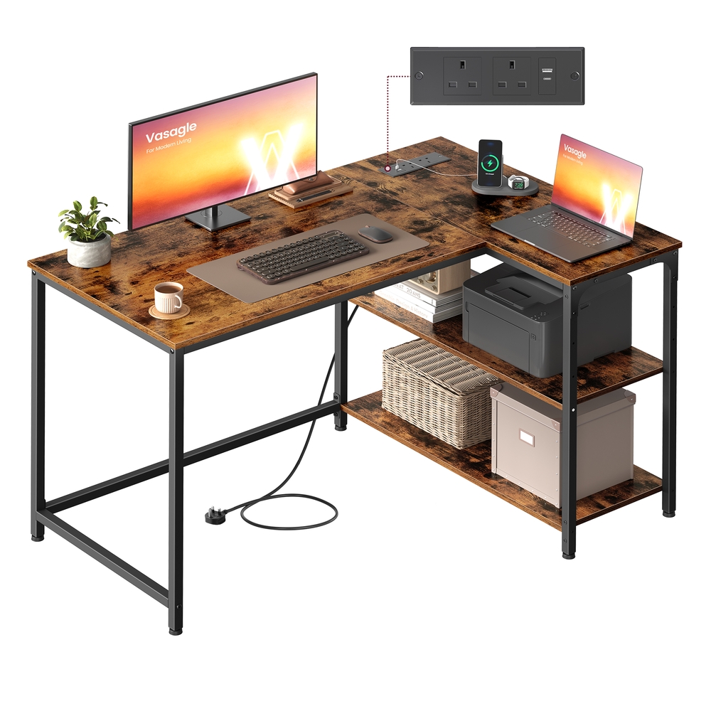 L Shaped Corner Desk 110 x 80 cm with Power Outlets 2 USB Ports Rustic Brown